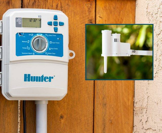 Hunter X2 irrigation controller with wireless rain-click sensor for weather sensitive watering