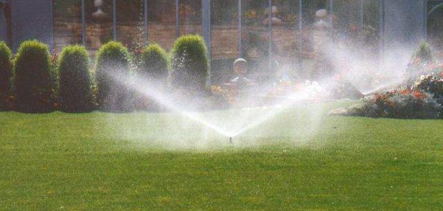Image of operating Pop-up sprinkler watering a lawn