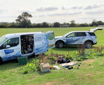 Access Irrigation technician servicing and repairing football pitches irrigation system