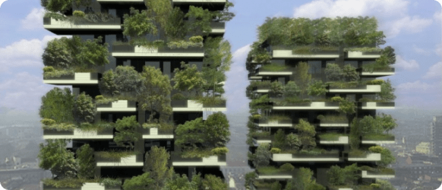 Image of two towers with vertical forest helping purifying the city air, increasing bio-diversity and protecting residents from the sun and noise pollution