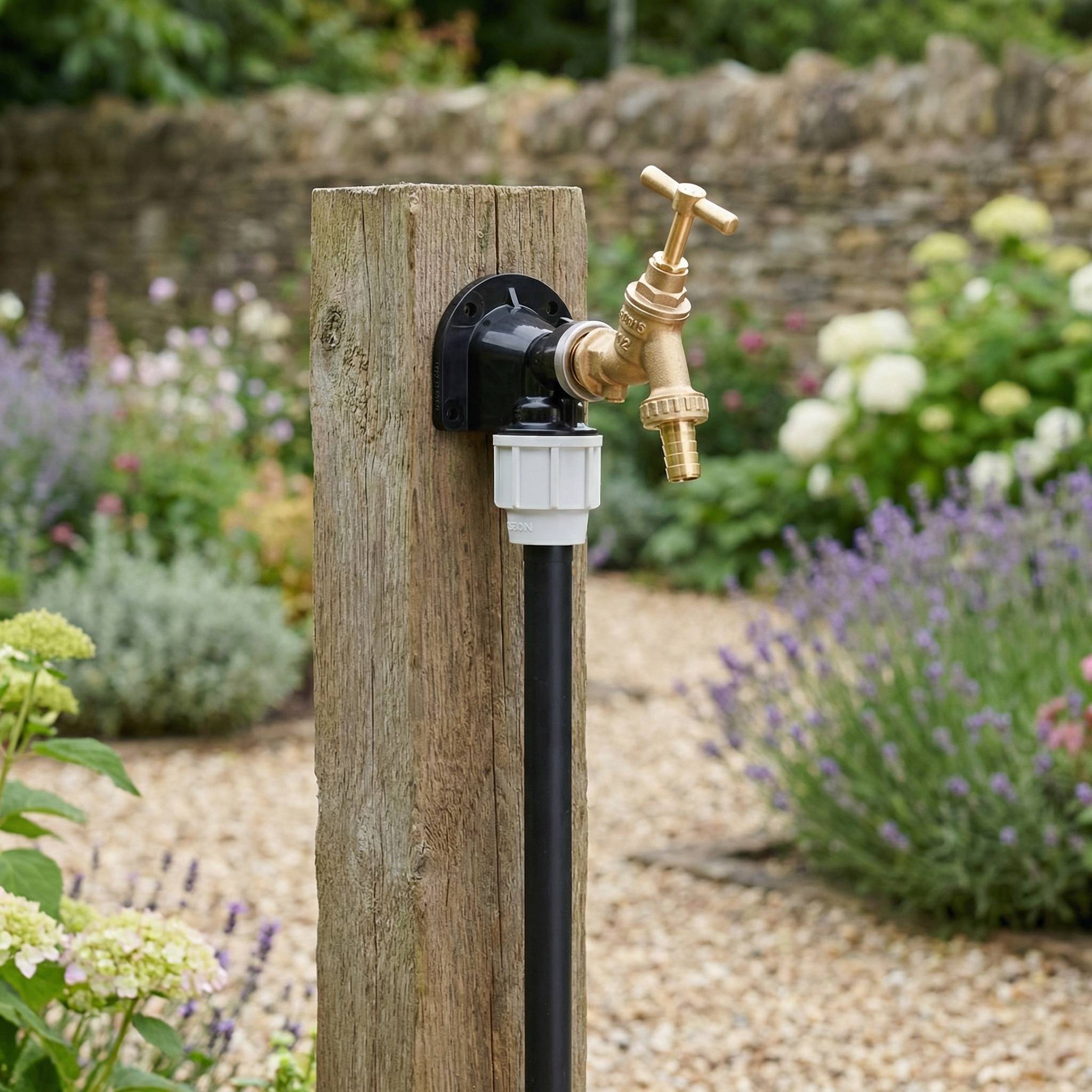 ETB2 brass bib tap on a wooden post