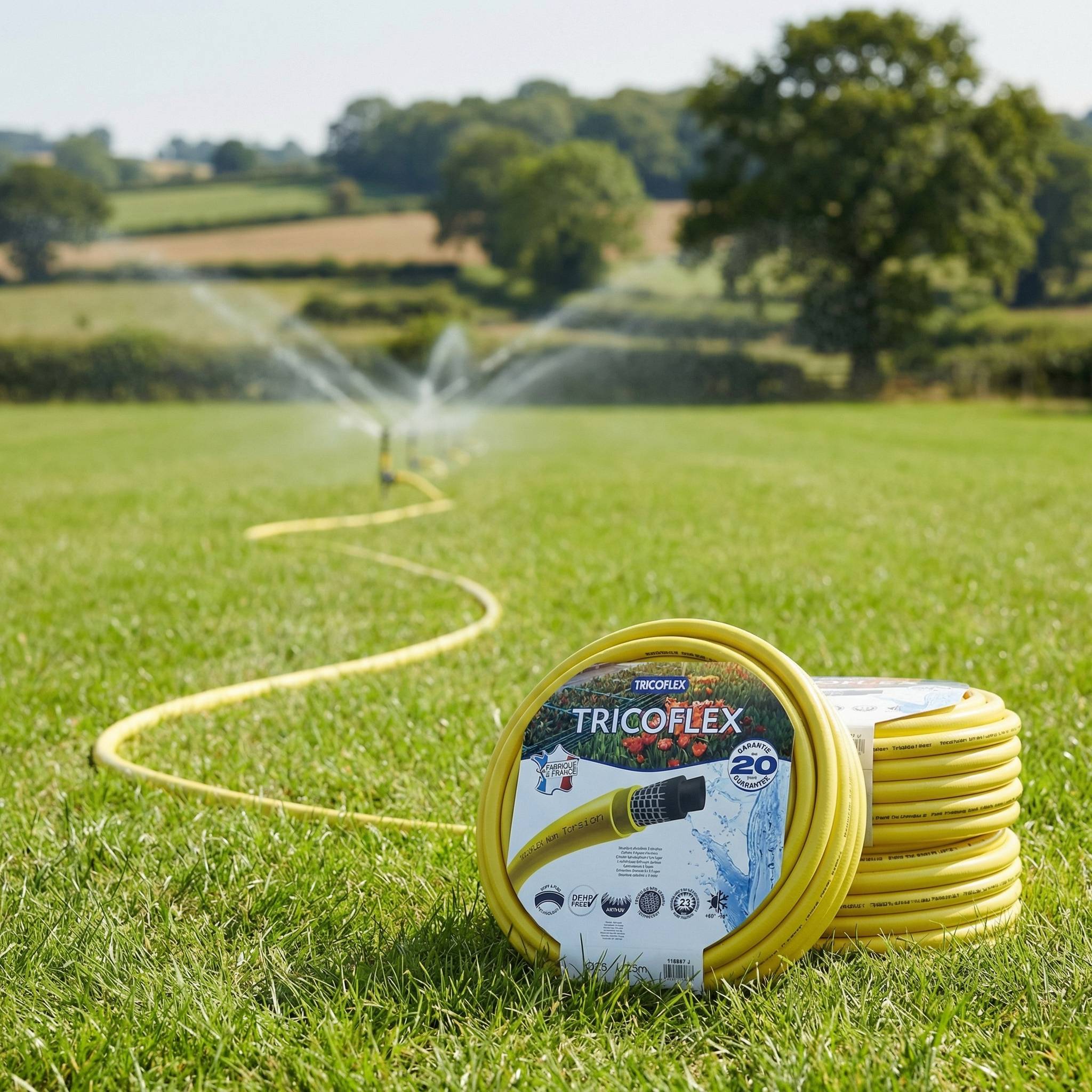 Tricoflex yellow hose watering a field