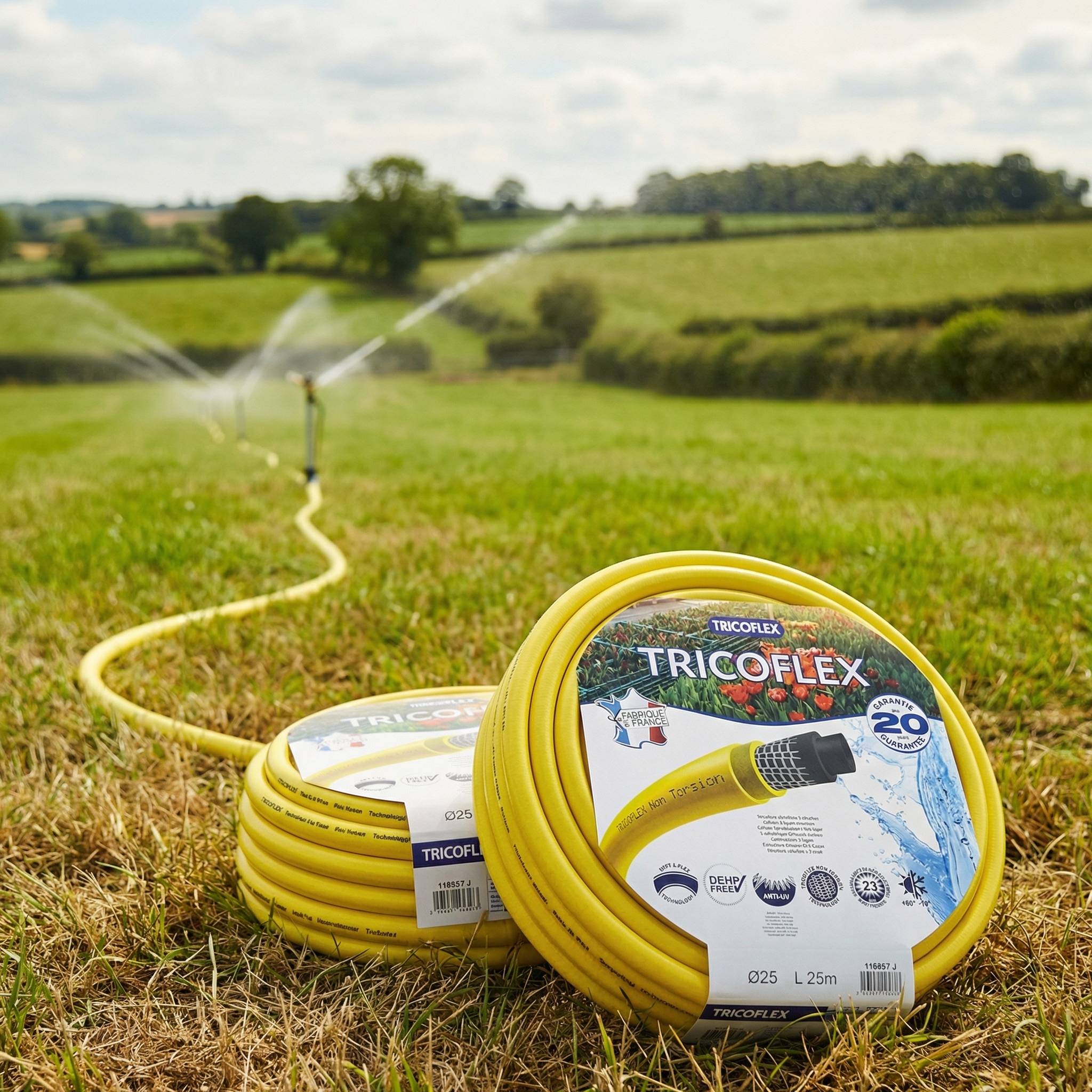 Tricoflex yellow hose watering a field