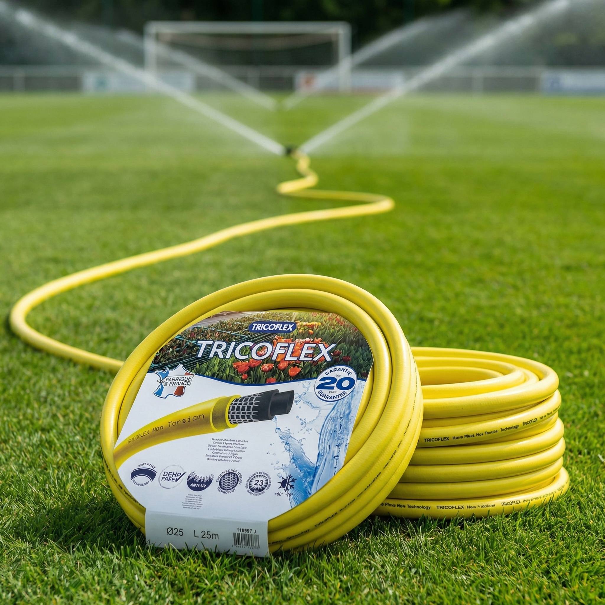 Yellow tricoflex hose on a football pitch