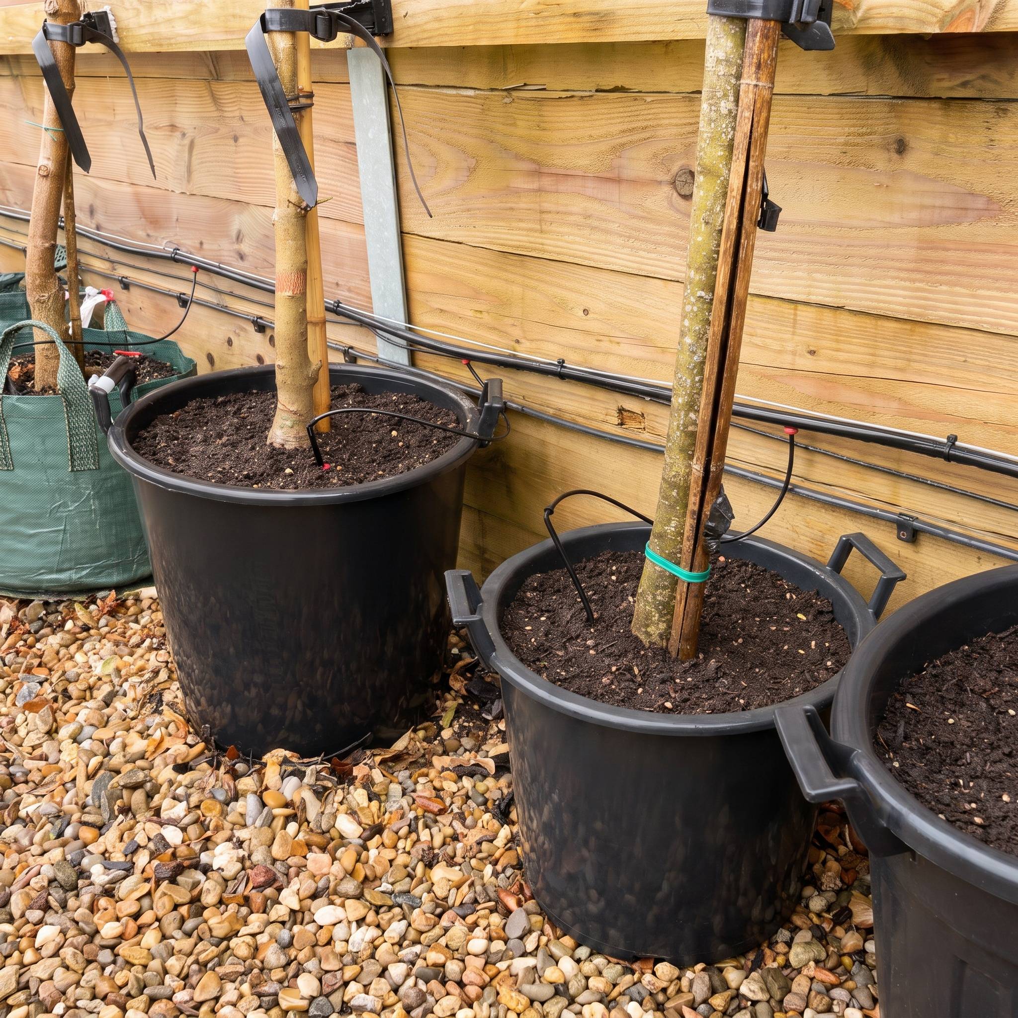 Netafim dripper assembly in a row of trees in pots in a sales area of a plant nursery
