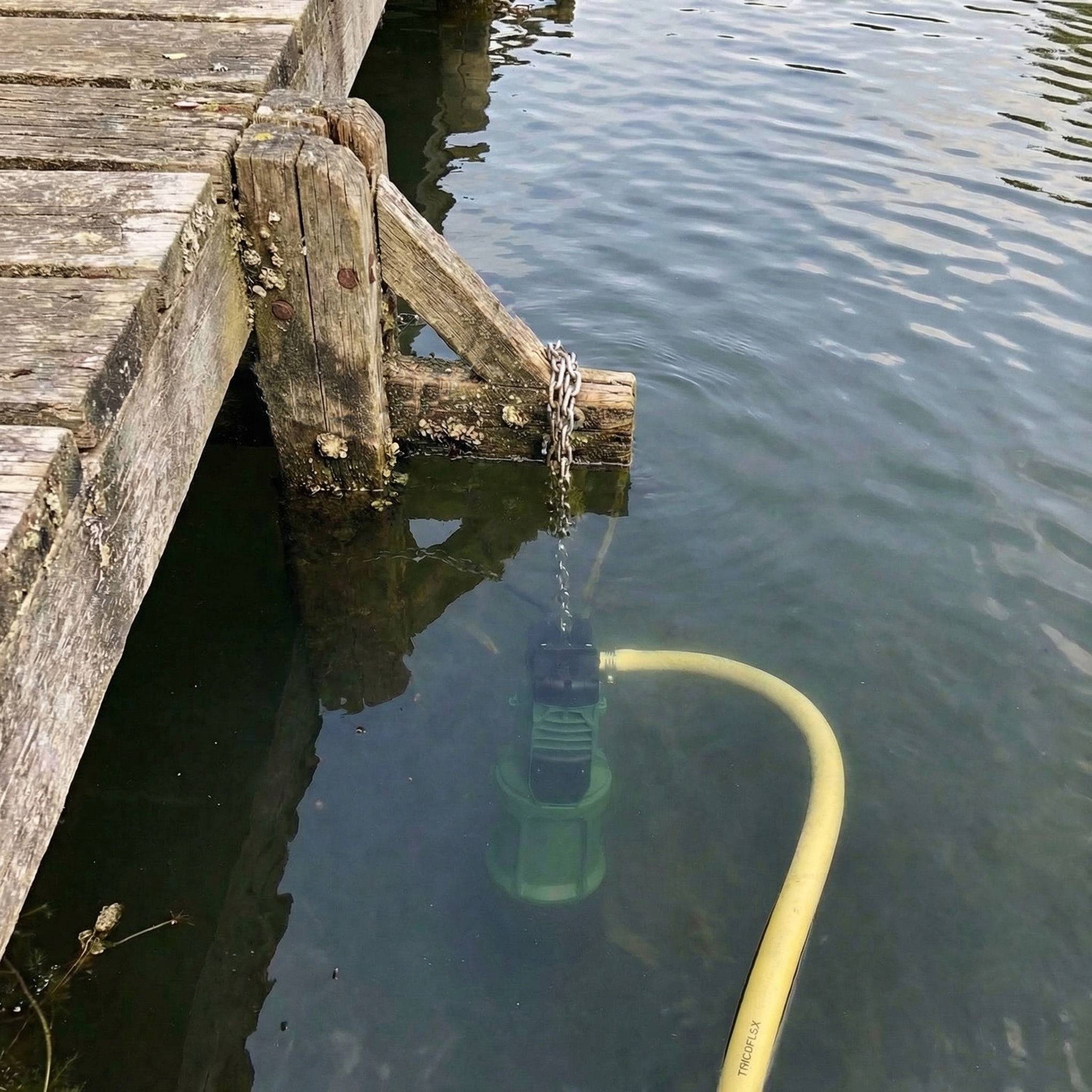 Divertron pump submerged in water with chain and hose