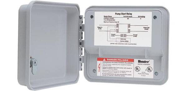 Hunter Pump Relay Box is designed to start irrigation pumps when the irrigation controller begins the watering cycle