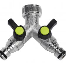 2 way quick connector tap manifold fits to an outdoor garden tap and provides two separate outlets each with a built in tap