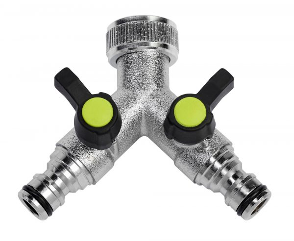 2 way quick connector tap manifold fits to an outdoor garden tap and provides two separate outlets each with a built in tap