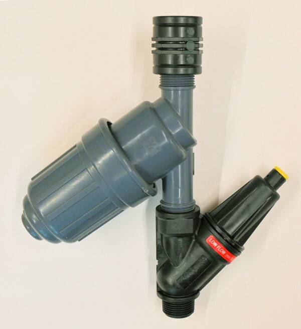Pressure regulator, filter with Hozelock type quick connector fittings for making up T-Tape glasshouse systems