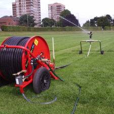 Speedy Rain 32/90 reel irrigator designed for smaller turf areas, requires pumped supply