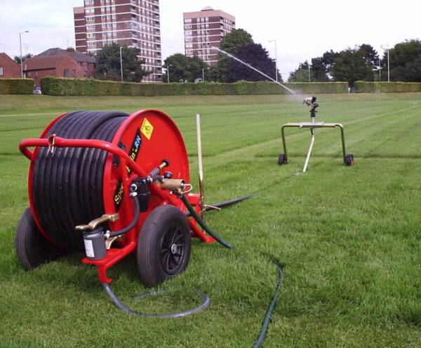 Speedy Rain 32/90 reel irrigator designed for smaller turf areas, requires pumped supply