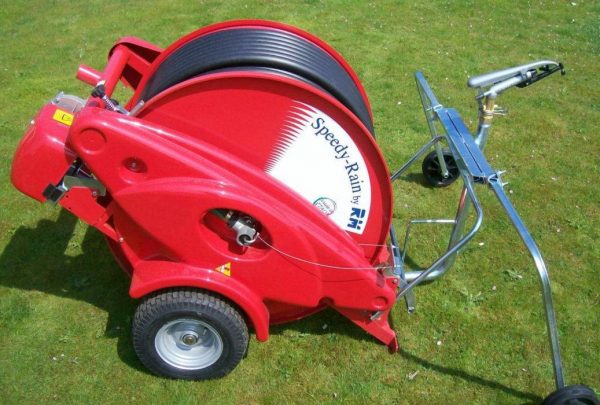 Speedy rain 40/130 reel irrigator designed for two pitch areas, requires pumped supply