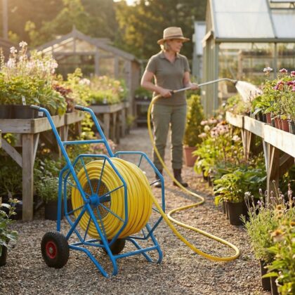 Blue hose trolley and yellow tricoflex hose watering a garden centre