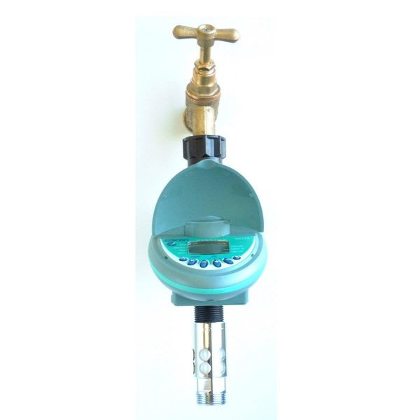 Outdoor tap, used with drip watering system, with Galcon tap timer and DB Valve for backflow prevention to comply with UK Water Regulations