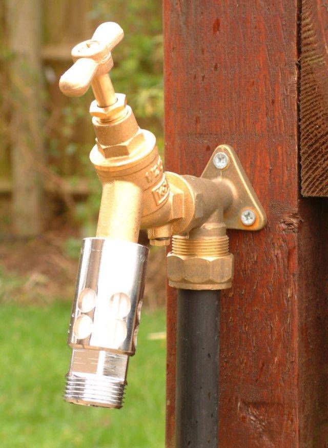 Outdoor tap, used with drip watering system, with DB valve for backflow prevention to comply with UK Water Regulations