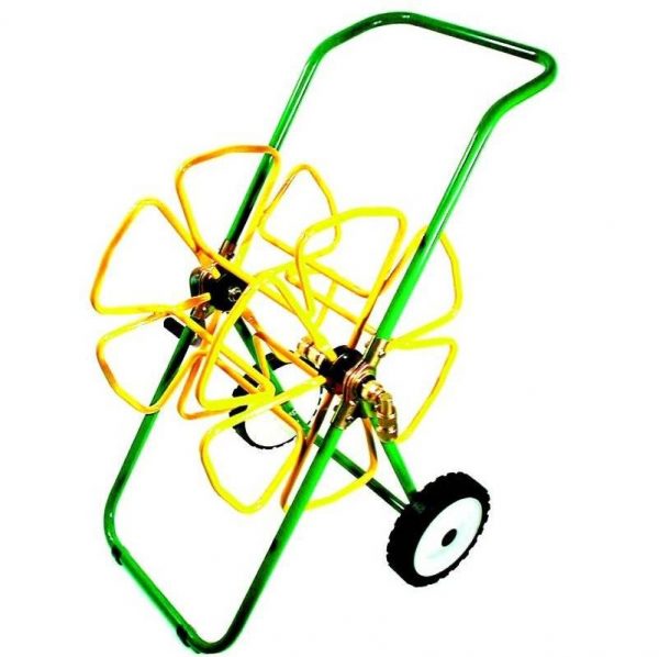 Green and yellow Epoxy bolted steel framed hose trolley for up to 100m 1/2" hose