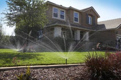 Lawn and borders being watered with Hunter Pro-spray pop up sprinklers