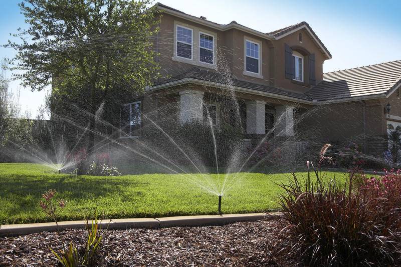 Lawn being watered with pop up sprinklers