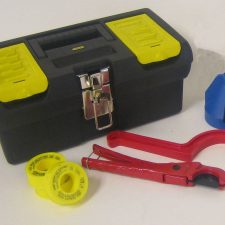 Starter tool kit for irrigation installers contains specialist equipment for installing irrigation systems such as chamfering tool, pipe cutters, ‘C’ spanner, PTFE tape and polythene tool box