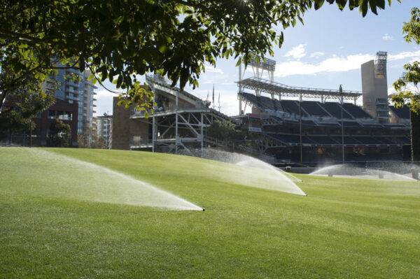 Image of sports lawn area being watered using Hunter I-20 Ultra Pop up sprinklers