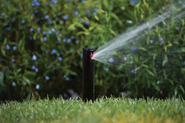 Lawn being watered by lawn watering kit with Hunter pop-up sprinkler