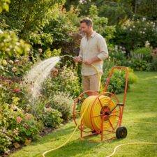 red steel hose trolley