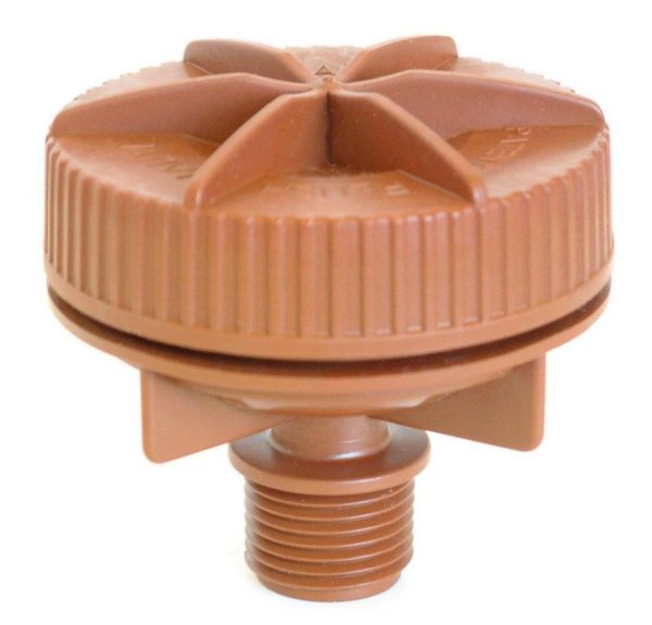 Air/Vacuum Relief Valve keeps drippers clear of dirt on sloping sites by preventing vacuums, required for all Permadrip installed underground