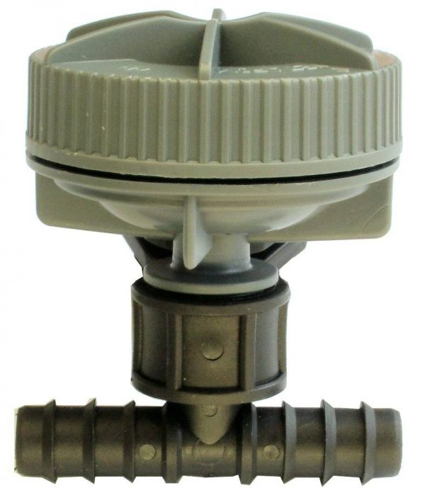 Air/Vacuum Relief Valve keeps drippers clear of dirt on sloping sites by preventing vacuums, required for all Permadrip installed underground