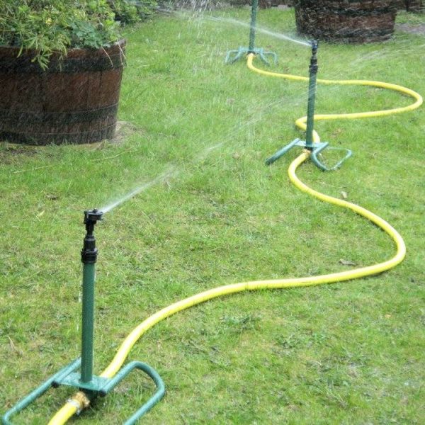 Temporary lawn watering kits, sled risers with sprinklers connecter with Tricoflex hose, ideal for establishing seeded and turfed lawns, and green roof installations