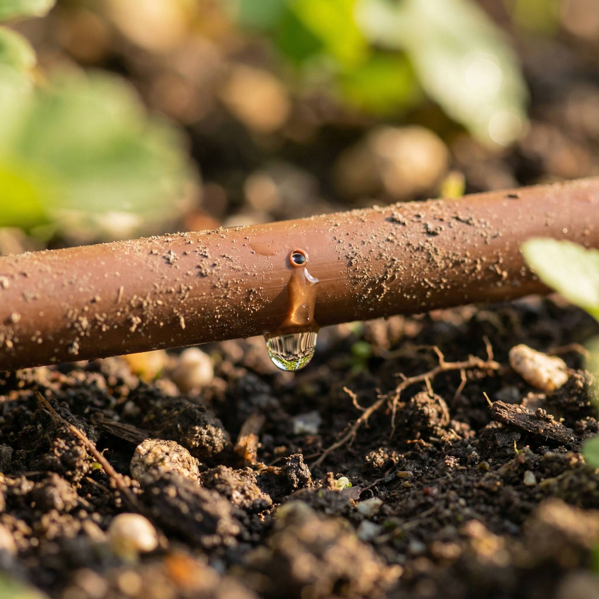Close up of water droplet emerging from a drip emitter