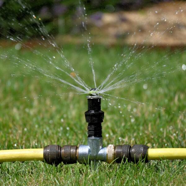 Lawn watered using small temporary lawn watering kit - using metal spiked risers, Hunter sprinklers, Tricoflex hose and fittings