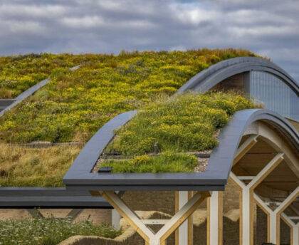 Green roof of Skelton Lakes service area watered by irrigation system using Premadrip-Pro driplines