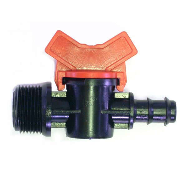 Barbed shut off valve with 3/4" Male thread designed for shutting off drip line runs