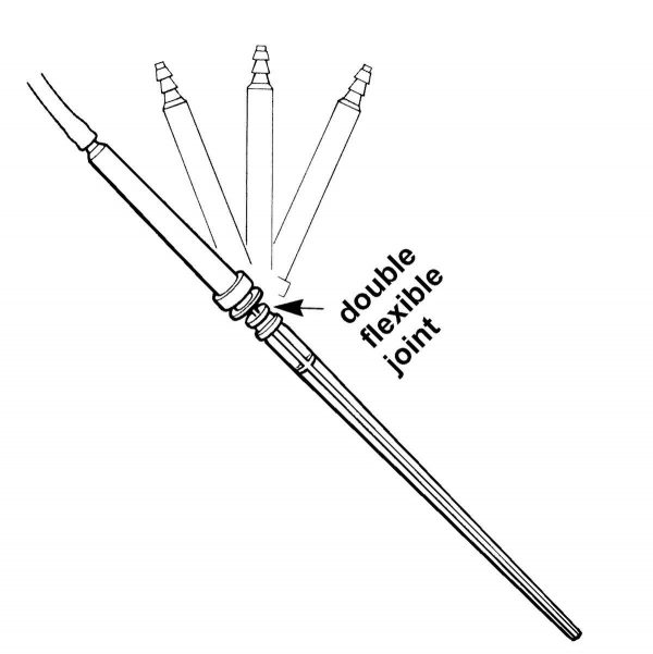 Flexidrip nozzle joined to its stake with a unique 4-way universal joint