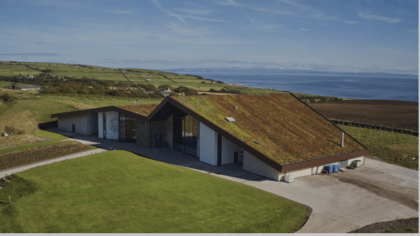 Lagg Whiskey Distillery green roof, designed to blend in with the landscape of the Isle of Arran, watered by irrigation system designed and supplied by Access Irrigation