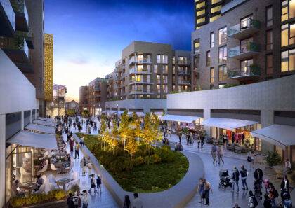 Planted borders, trees, lawns and roof terraces in Hounslow High Street Quarter watered by irrigation driplines, Hunter MP rotator popup sprinklers