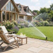 Popup sprinkler watering the lawn of a private garden