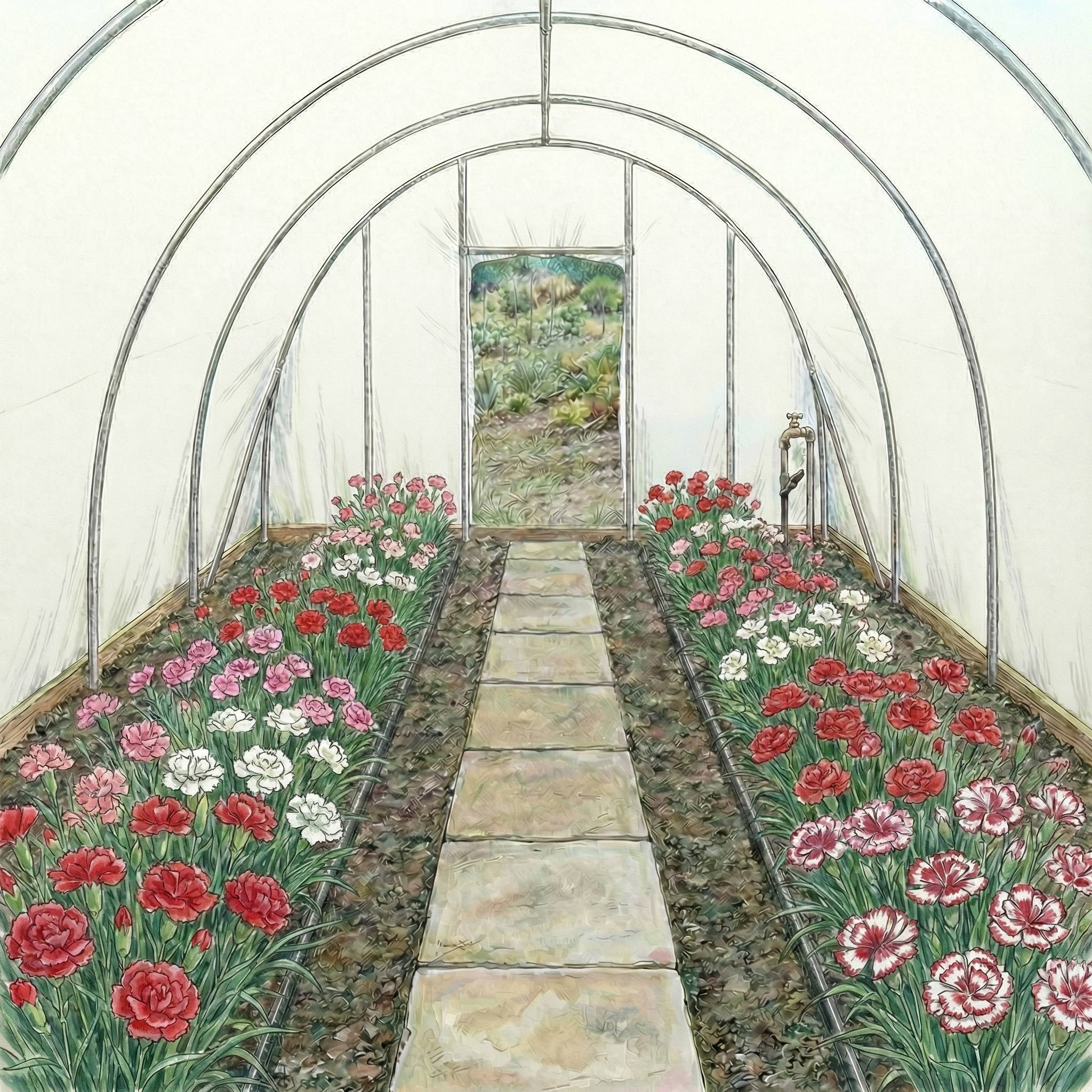 T tape in a polythene tunnel watering Carnations