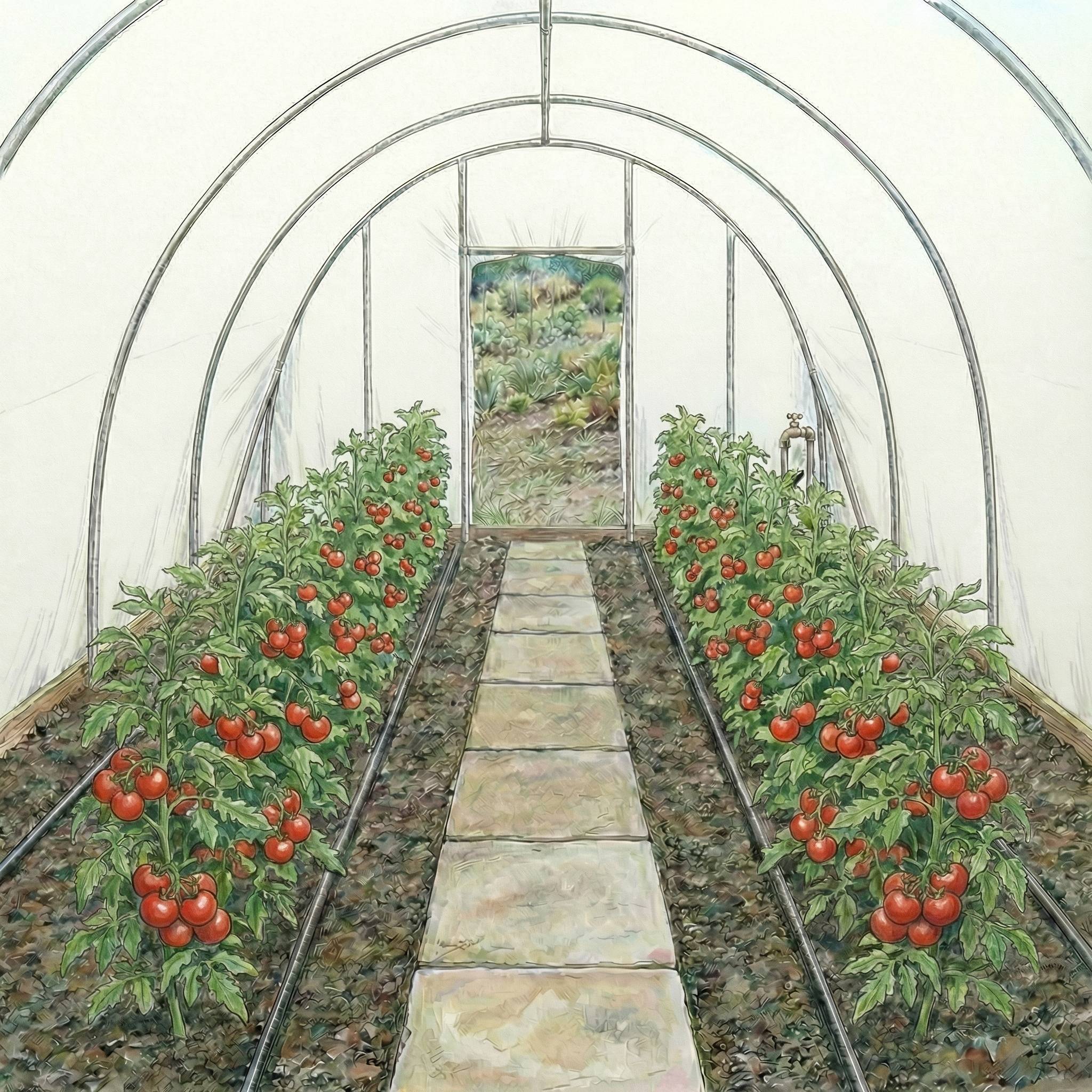 T tape in a polythene tunnel watering tomatoes